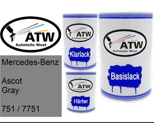 Mercedes-Benz, Ascot Gray, 751 / 7751: 500ml Lackdose + 500ml Klarlack + 250ml Härter - Set, von ATW Autoteile West.